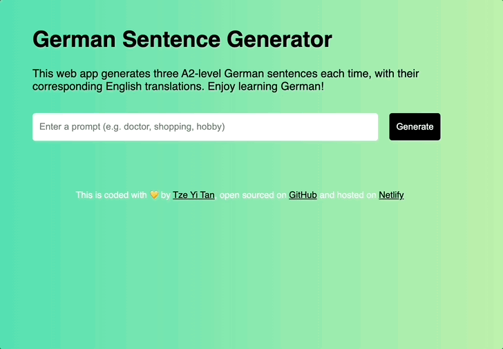 A green-yellow website whereby three german sentences are generated based on the input prompt 'chicken', with corresponding English translations