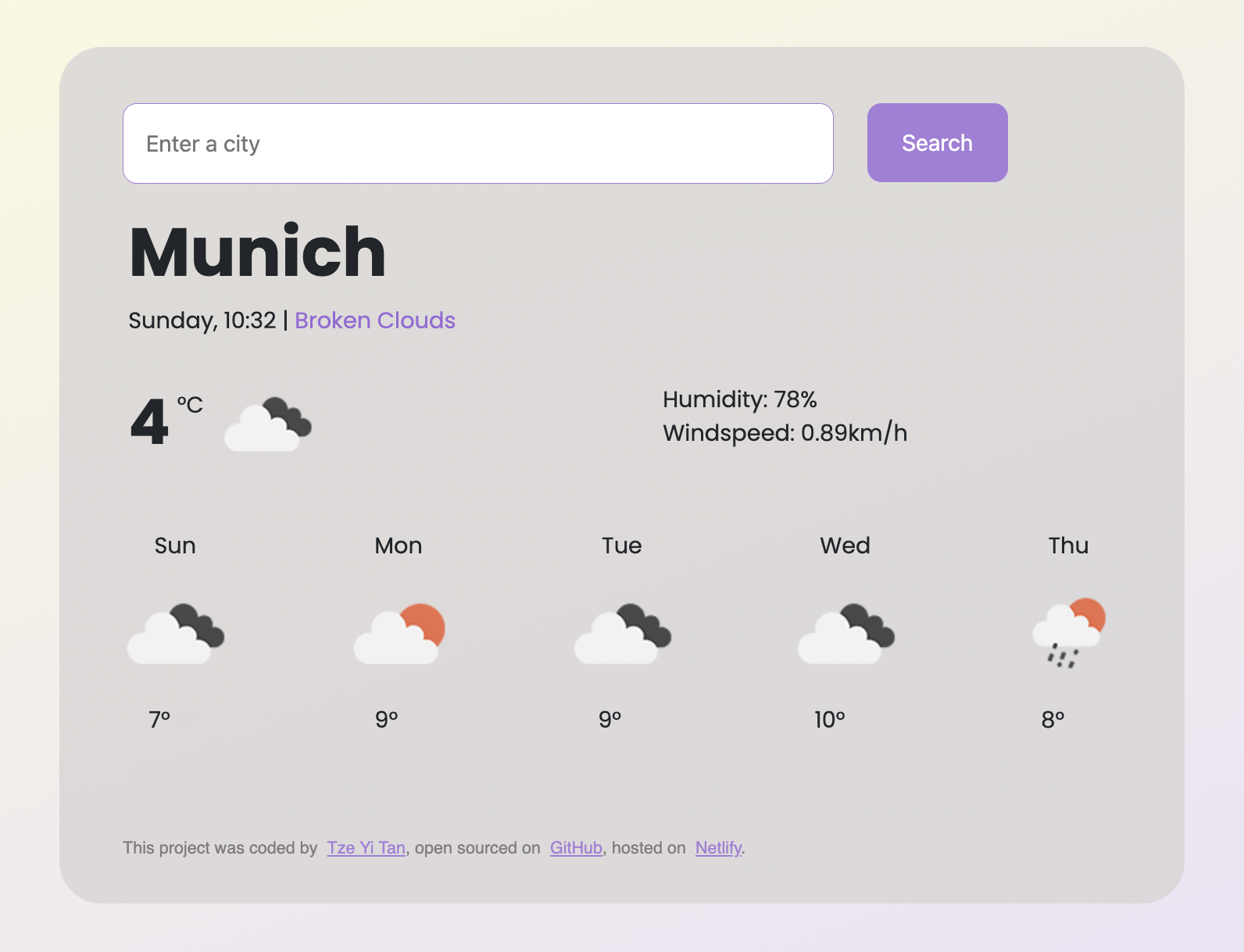 Weather application on a red and white background with a search bar for users to enter desired cities