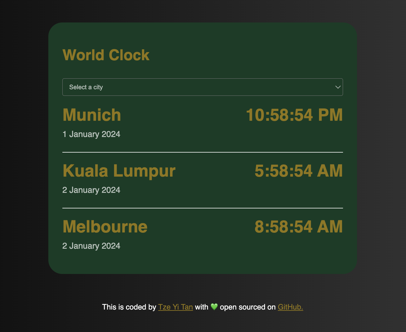 Website on a dark green background, showing the current time in Munich, Kuala Lumpur and Melbourne, with a user dropdown to prompt users to select a city